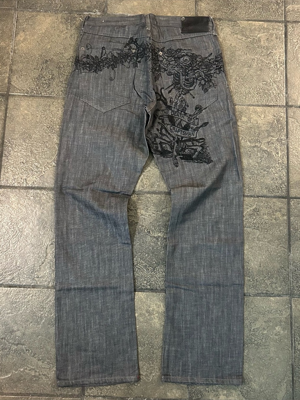 Y2K Artful Dodger Straight Jeans Mens Gray Embroidered Denim Streetwear Size 32